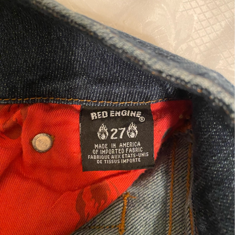 Red Engine Denim Midi Skirt. Size 27 - Picture 6 of 8